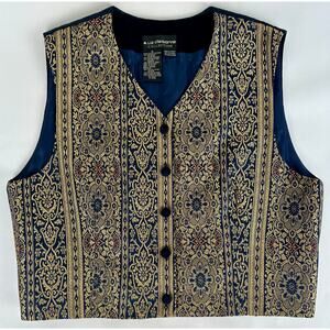 Vintage Navy Blue and Gold Brocade Tapestry Vest Velvet Accent Size 14 Large